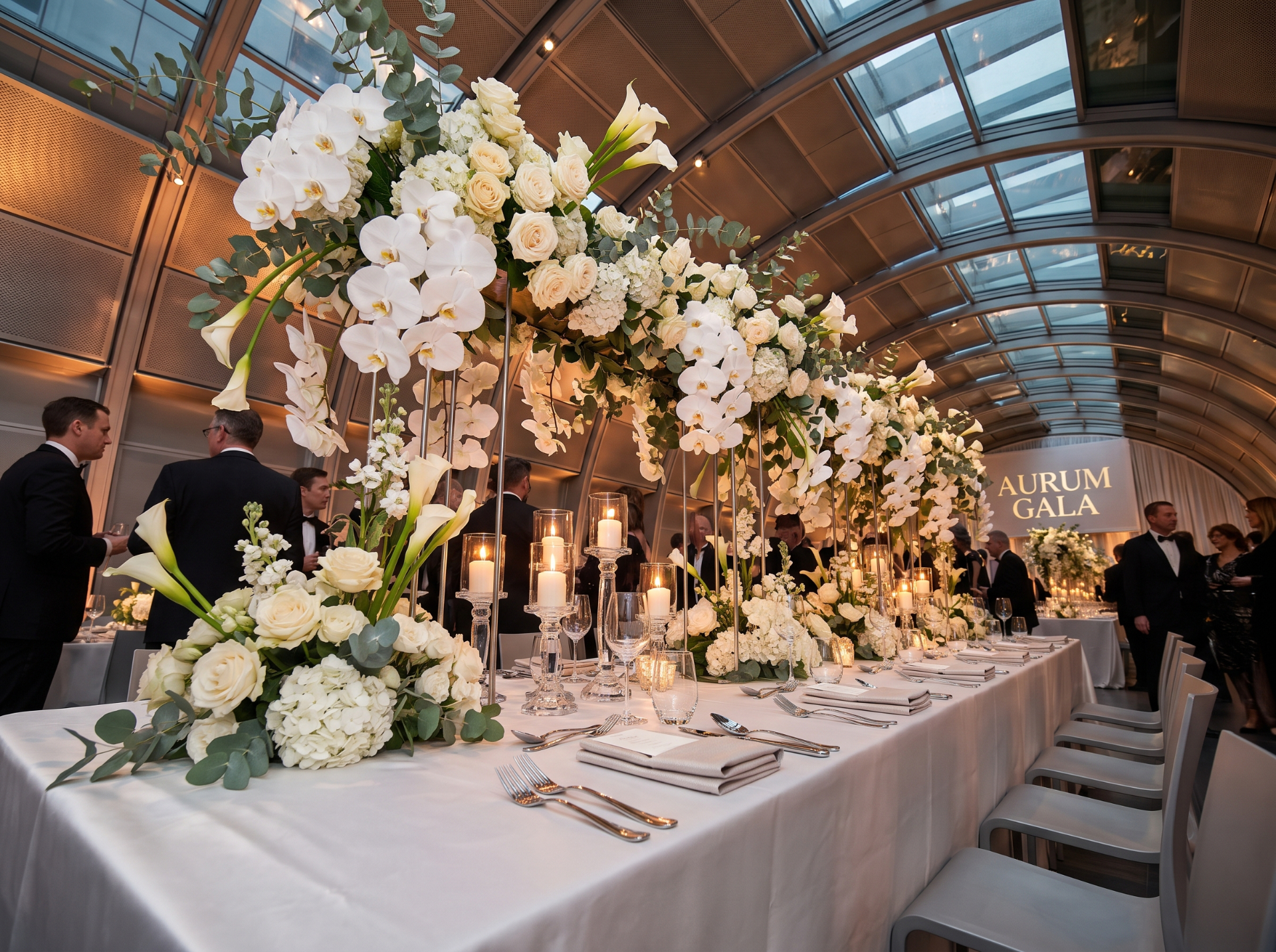 Gala dinner with tall white floral centerpieces