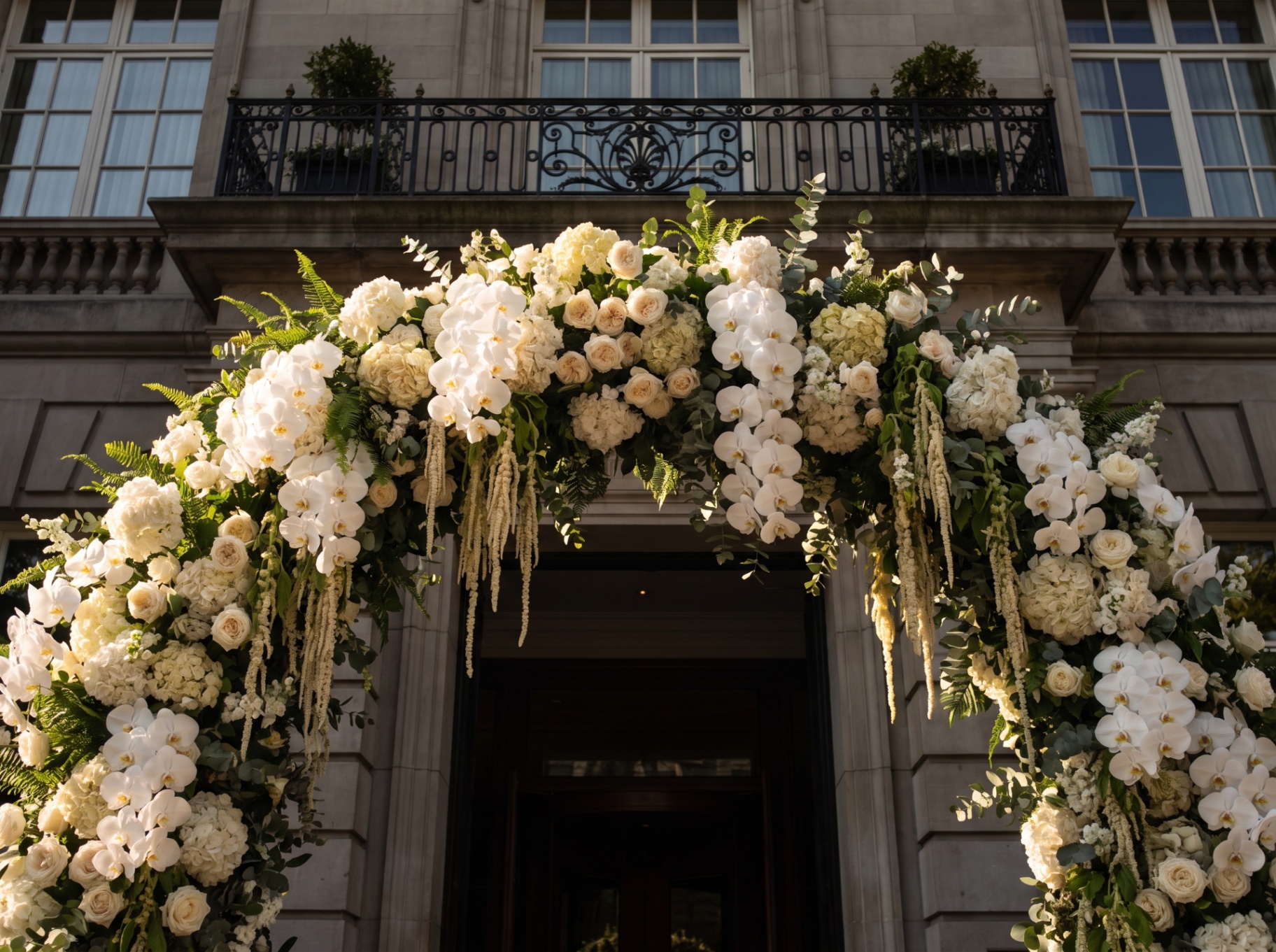 White orchid and rose floral archway over an entrance