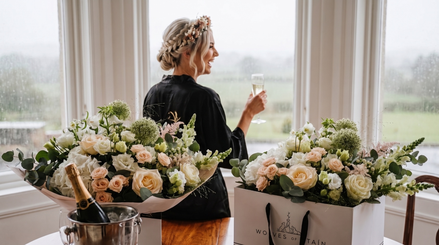 Bride in black robe with champagne and white floral arrangements