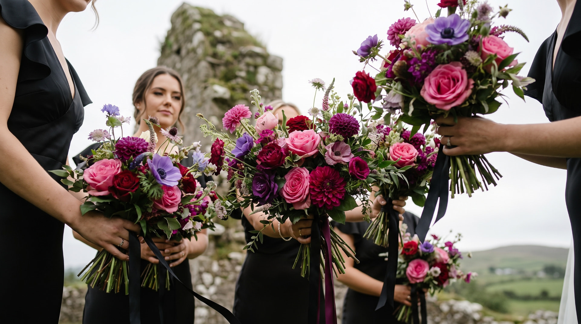 Bridesmaids holding colourful bouquets at an outdoor ceremony
